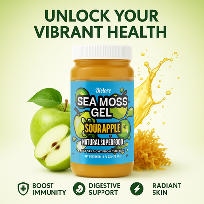 Biolore sour apple sea moss gel jar with green apple and health benefit icons for immunity digestive support and skin.