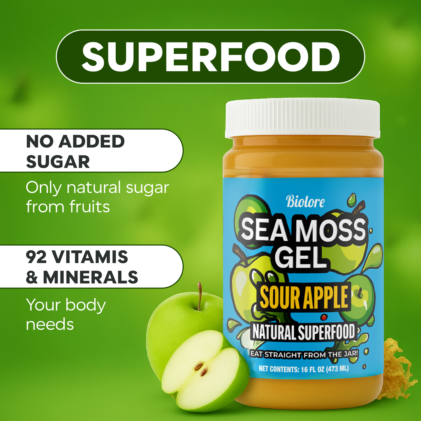 Biolore sour apple sea moss gel jar with no added sugar and vitamins and minerals benefits highlighted.