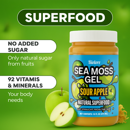 Biolore sour apple sea moss gel jar with no added sugar and vitamins and minerals benefits highlighted.