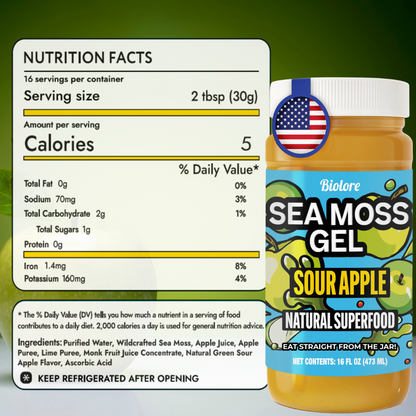 Biolore sour apple sea moss gel jar with nutrition facts label and made in USA icon.