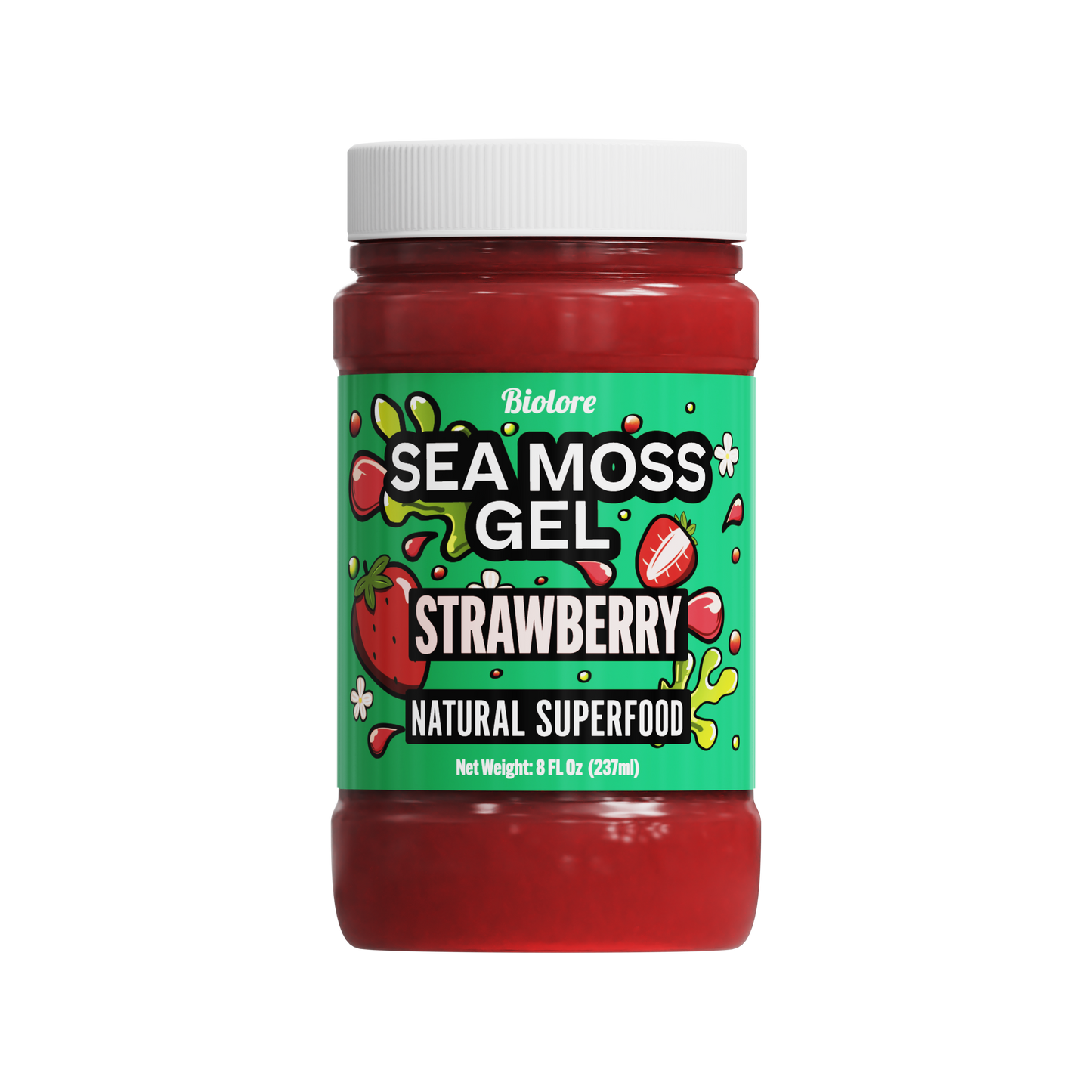 Jar of strawberry sea moss gel with a green label on a white background