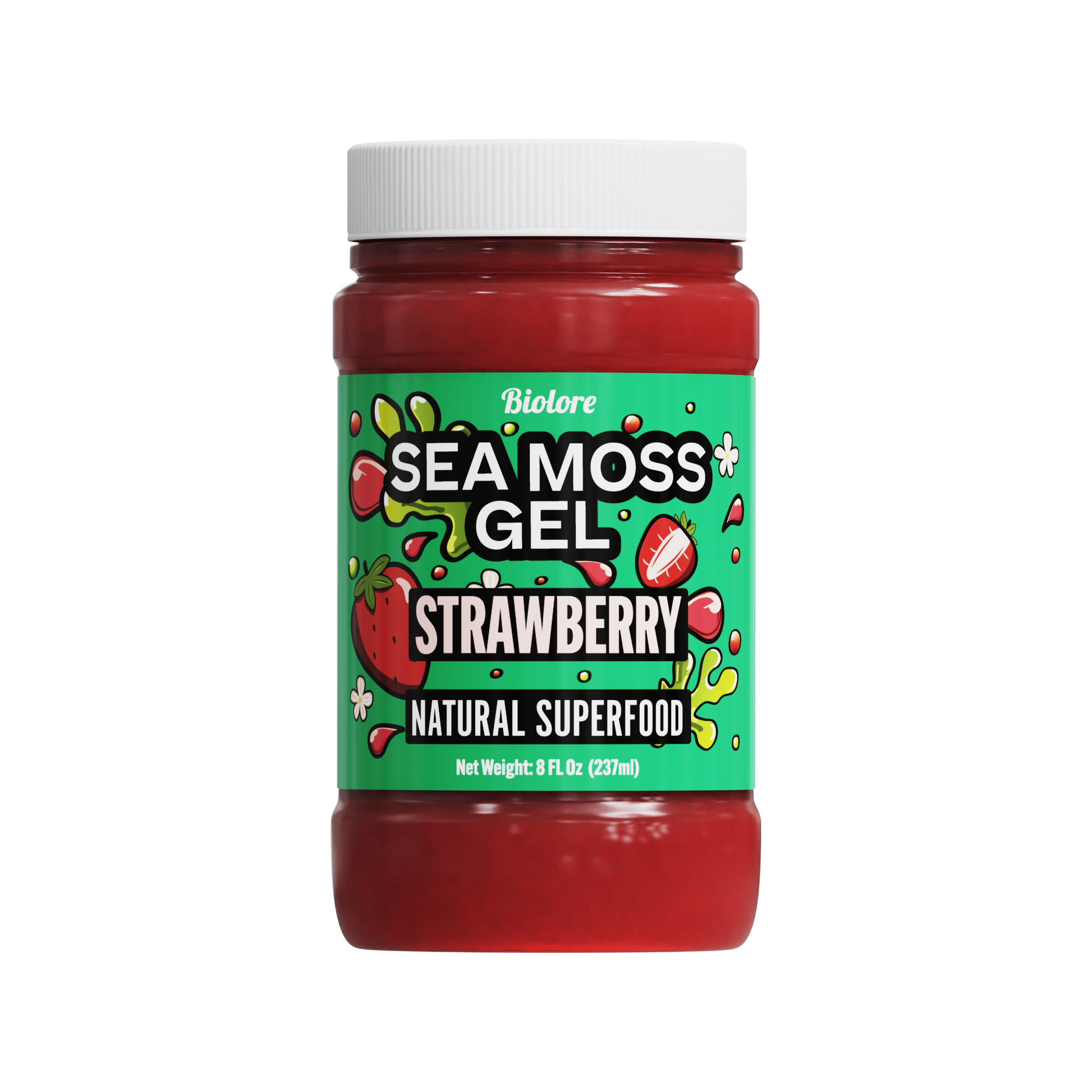 Jar of strawberry sea moss gel with a green label on a white background