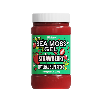 Jar of strawberry sea moss gel with a green label on a white background