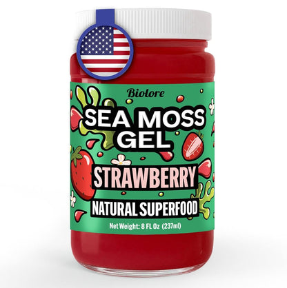 Biolore strawberry sea moss gel jar natural superfood with made in USA label.