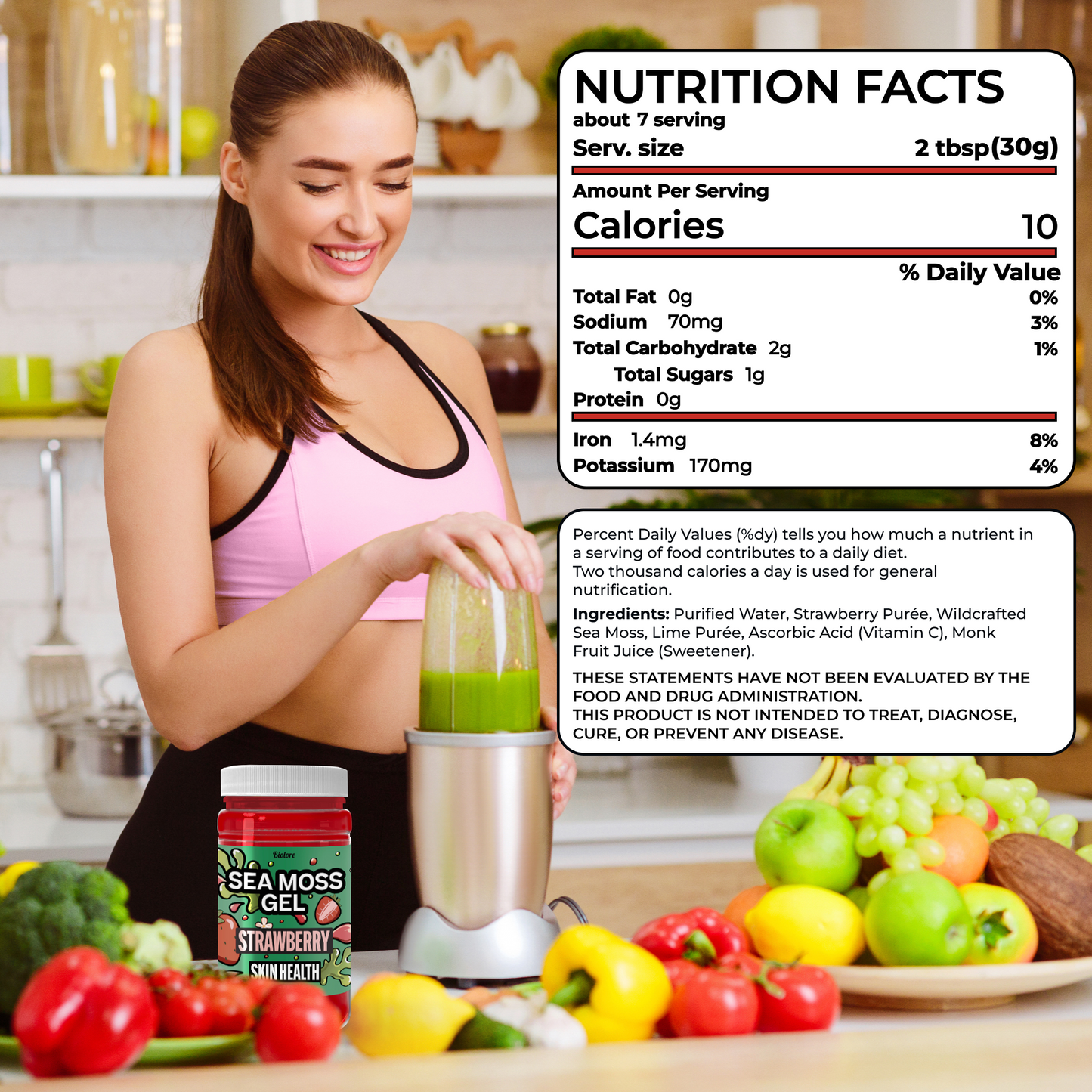 Woman making a green smoothie with Biolore strawberry sea moss gel and nutrition facts label shown.