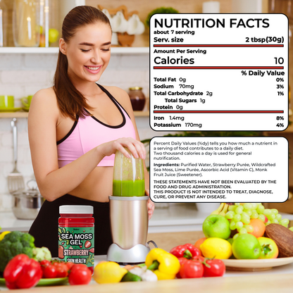 Woman making a green smoothie with Biolore strawberry sea moss gel and nutrition facts label shown.