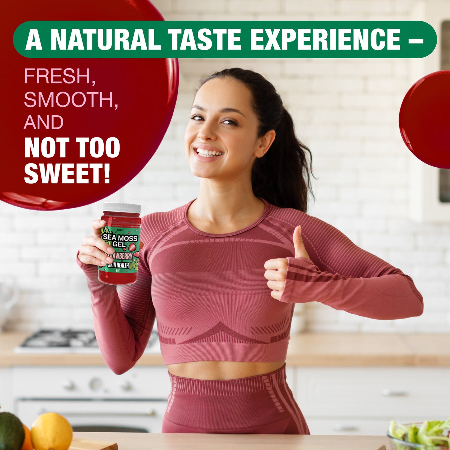 Woman holding Biolore strawberry sea moss gel and giving thumbs up, highlighting natural taste that is fresh smooth and not too sweet.
