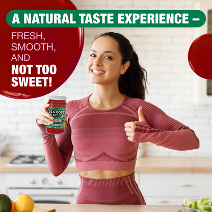 Woman holding Biolore strawberry sea moss gel and giving thumbs up, highlighting natural taste that is fresh smooth and not too sweet.