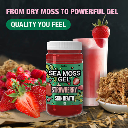 Biolore strawberry sea moss gel jar with fresh strawberries smoothie and raw sea moss highlighting skin health and natural quality.