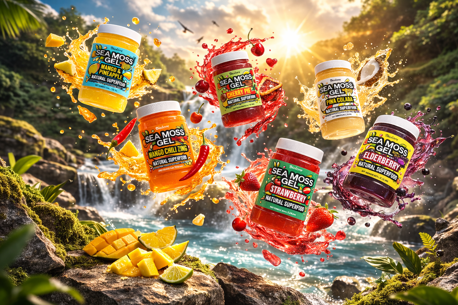 Sea Moss Gel jars with colorful splashes against a natural background