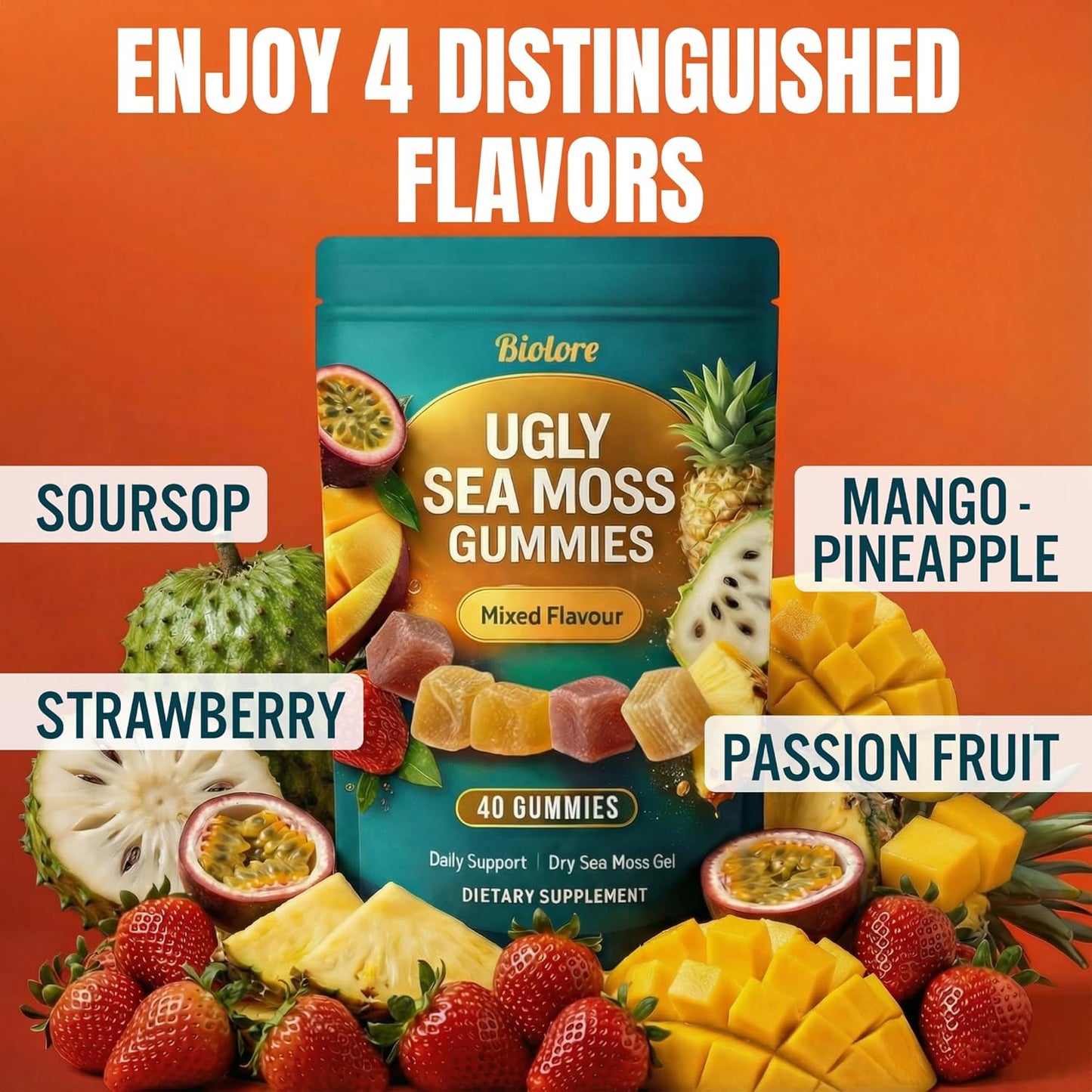 Biovore Ugly Sea Moss Gummies packaging with fruit illustrations and flavor names on an orange background
