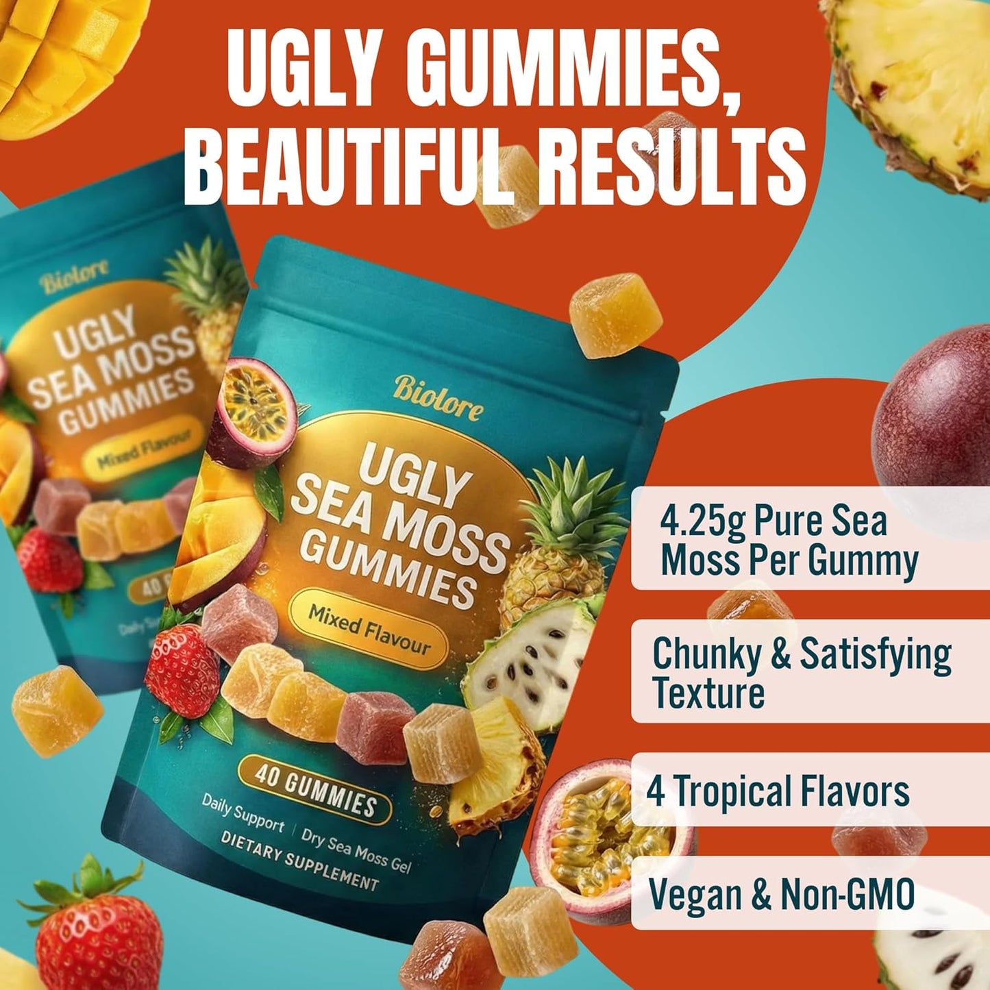 Bioture Ugly Sea Moss Gummies packaging with product details on a colorful background