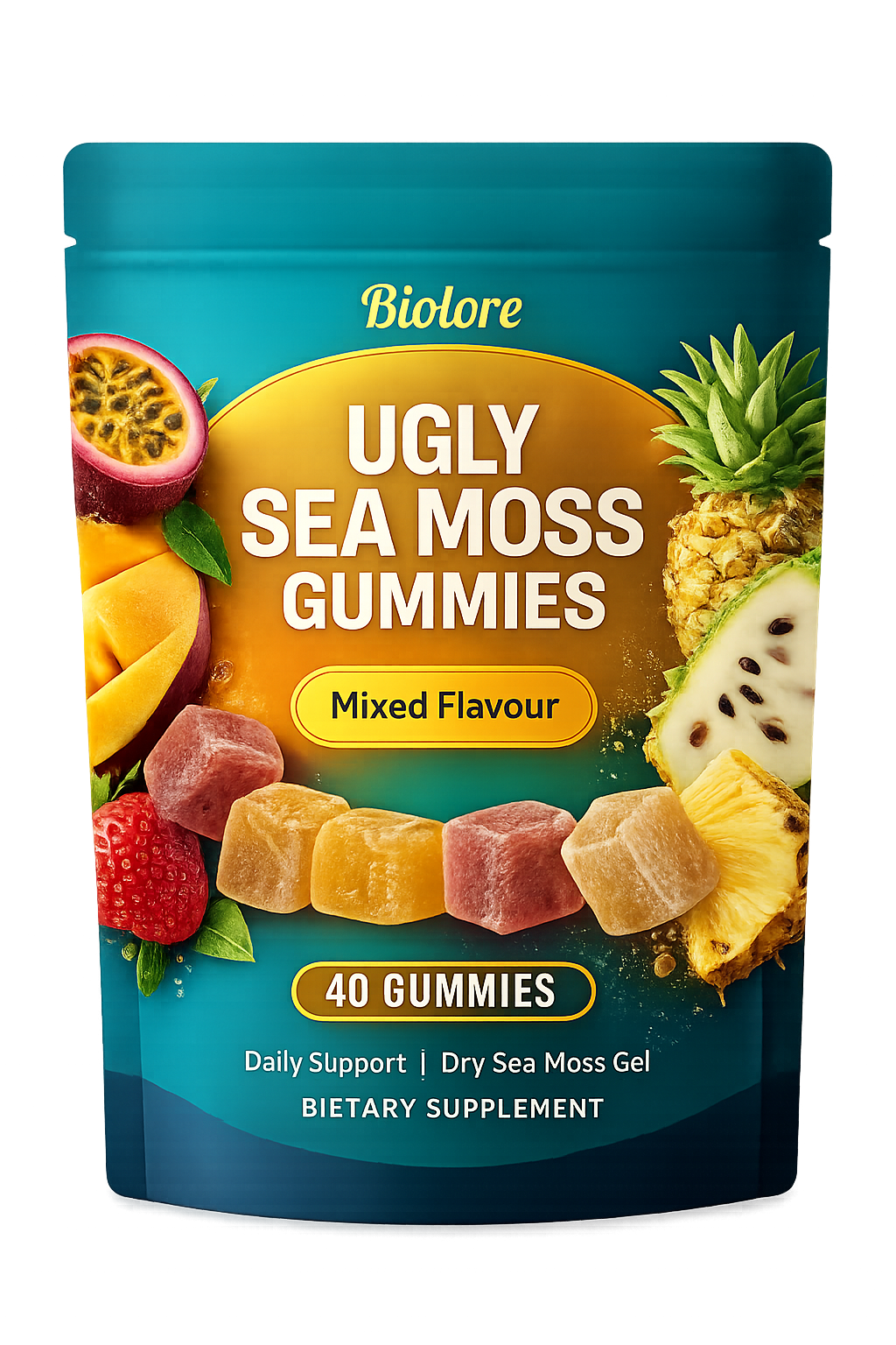 Bioture Ugly Sea Moss Gummies packaging with fruit illustrations on a white background