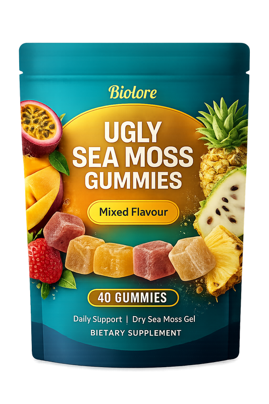 Bioture Ugly Sea Moss Gummies packaging with fruit illustrations on a white background