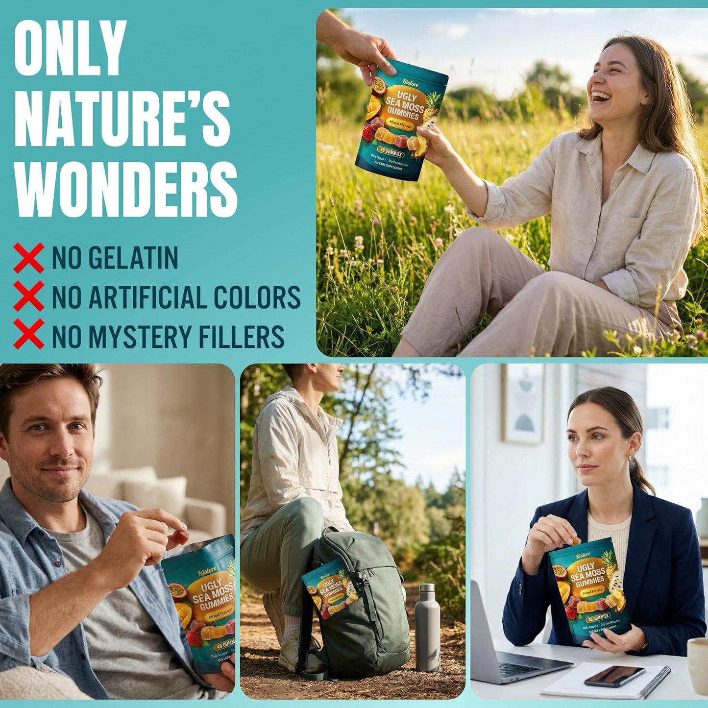 Product packaging with text 'Only Nature's Wonders' and images of people using the product in various settings.