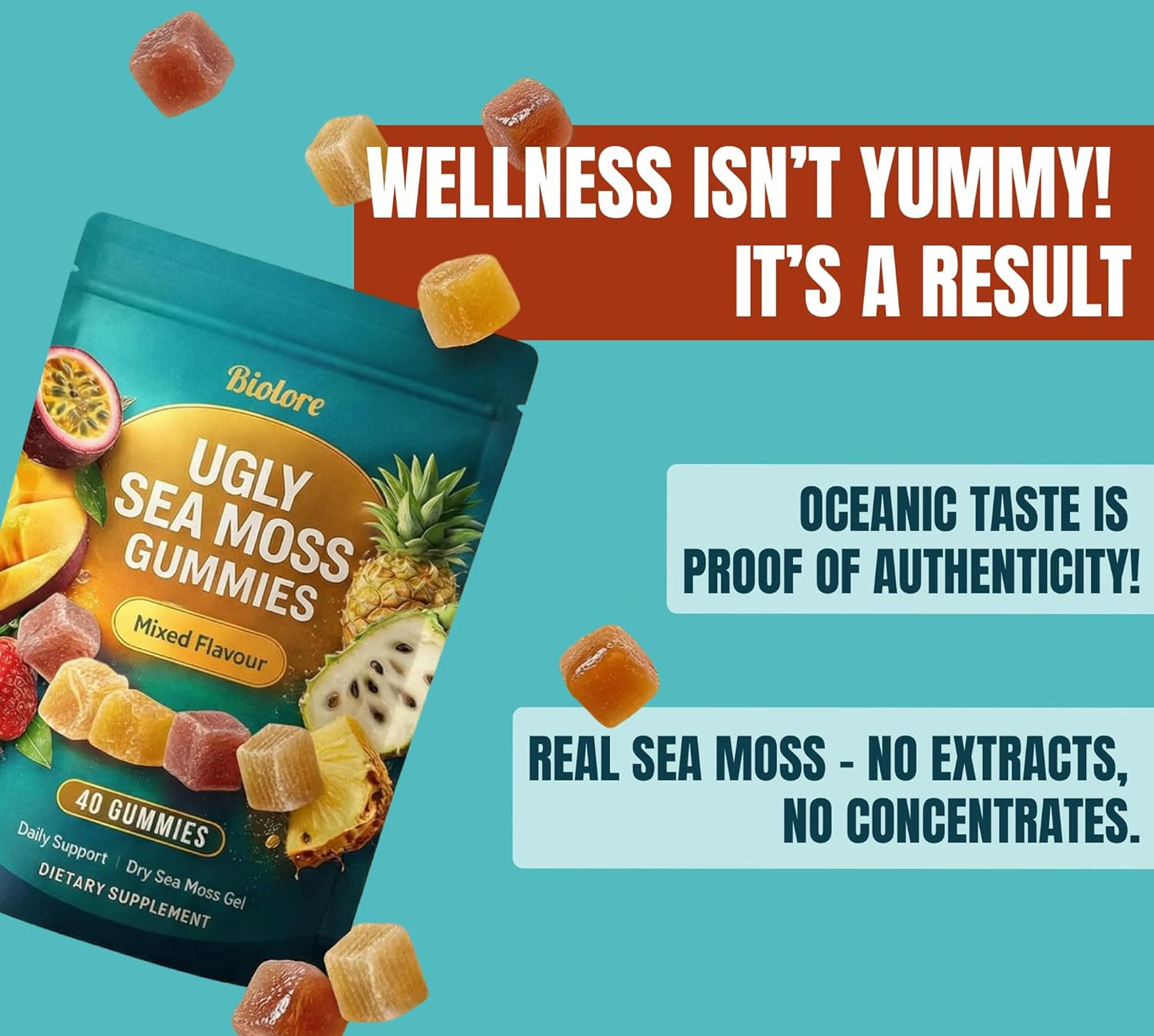 Bioture Ugly Sea Moss Gummies packaging with promotional text on a teal background