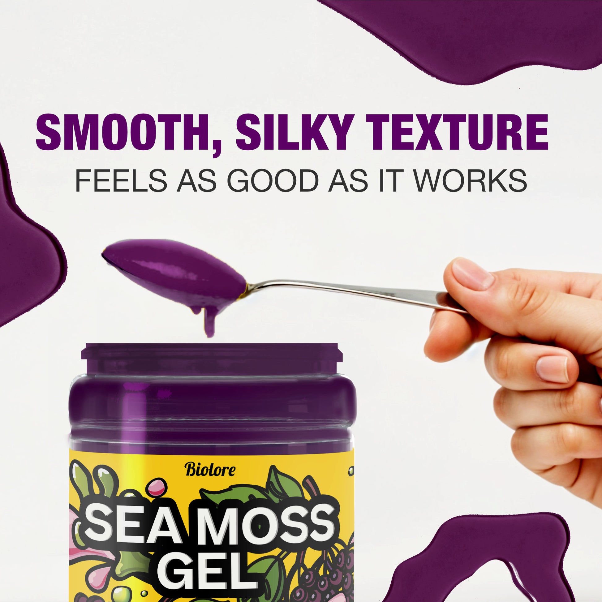 Spoon lifting thick purple gel above an open jar showcasing rich consistency and smooth texture of elderberry sea moss.