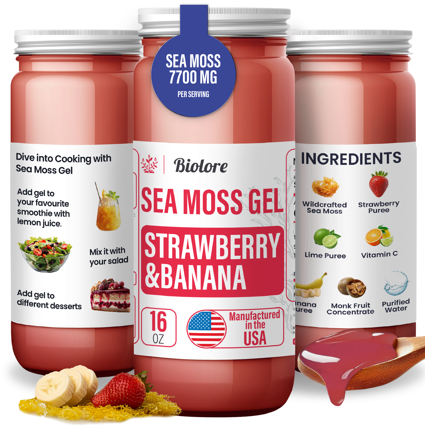 Strawberry & Banana Sea Moss Gel, Essential Vitamins Trace Minerals Superfood, Jam, Jelly & Sweet Spread Gifts 16OZ