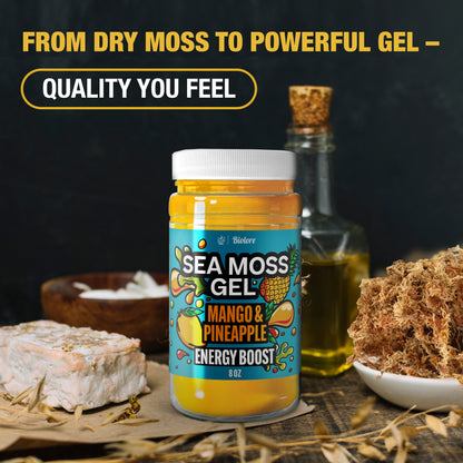 Jar of mango and pineapple sea moss gel surrounded by raw sea moss and natural ingredients emphasizing purity and handcrafted quality.