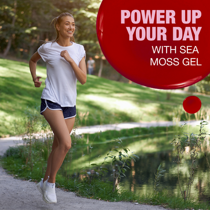 Woman jogging outdoors promoting energy and vitality with sea moss gel for an active healthy lifestyle.