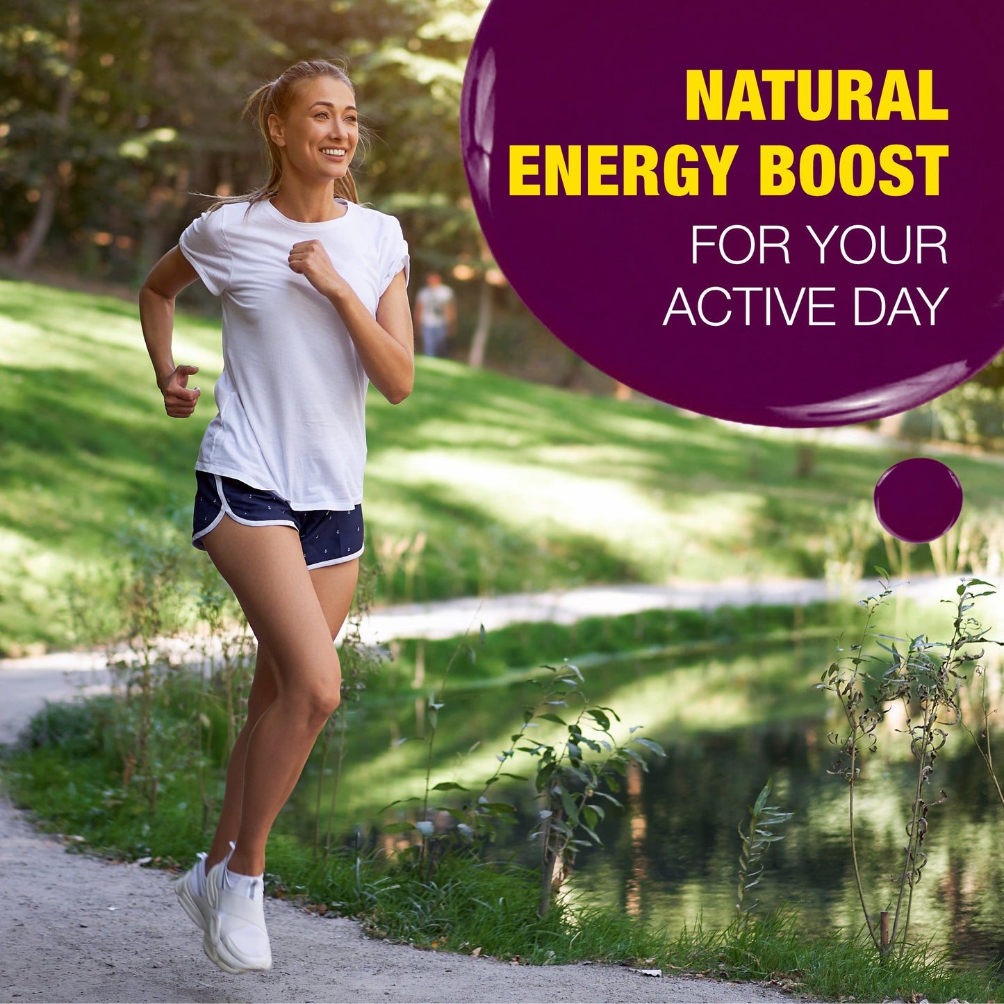 Woman jogging outdoors highlighting natural energy boost and active lifestyle supported by sea moss gel.
