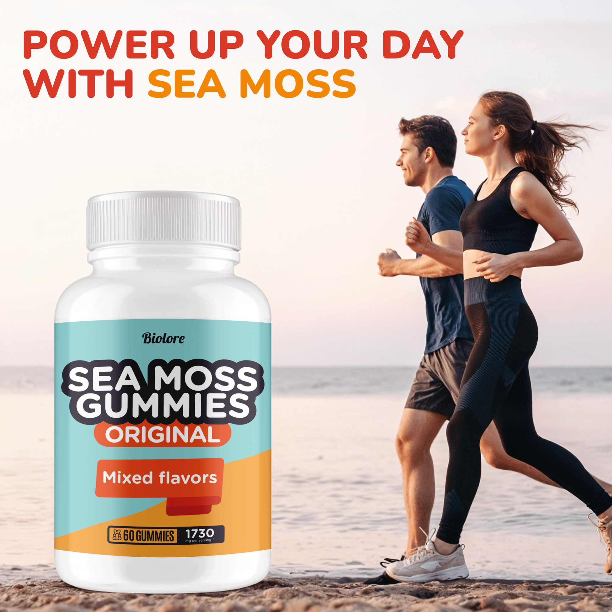 Active couple jogging on the beach alongside a bottle of sea moss gummies, emphasizing daily energy support and an active lifestyle.